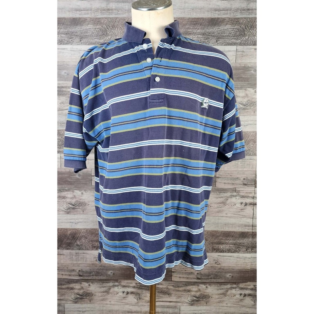 Cinch Mens XL Blue Green Striped Cotton Pique Short Sleeve Polo Shirt M203682